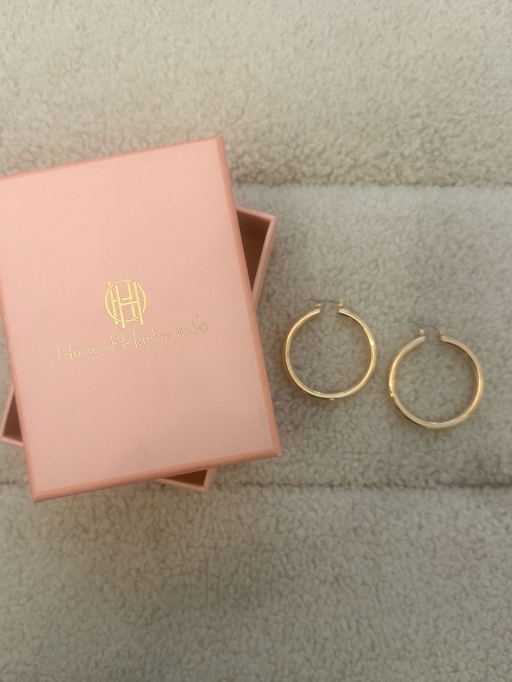 House of Harlow 1960 Gold Hoop Earrings with Pink Box